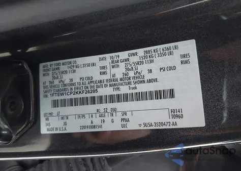 2019 Ford F-150 Xl из США, поврежденный, VIN 1FTEW1CP2KKF26205